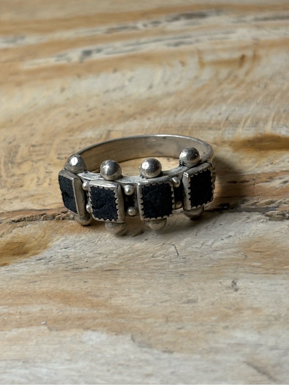 Sterling Silver Onyx Square Four Gemstone Boho Ring